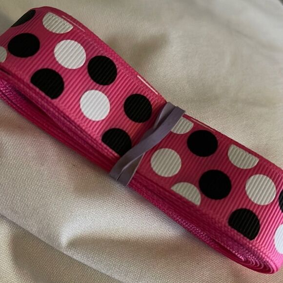 Grosgrain Ribbon 7/8” 5 yards NEW Minnie Mouse black white hot pink polka dots - Picture 6 of 7